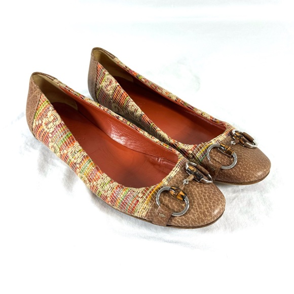 GUCCI Multi Tweed Raffia Tan Leather Cap Toe Horsebit Ballet Flats 38 - 8US - Picture 4 of 10